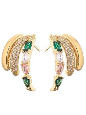 Gold Plated Hoop Earrings with Green and Pink Crystals